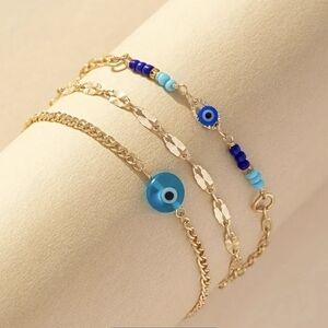 Gold and Blue Evil Eye Ankle Bracelet Set